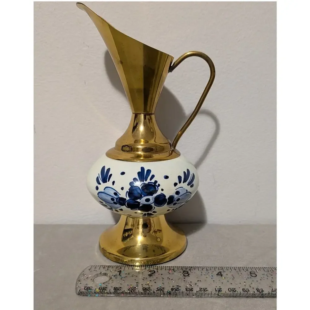 Vintage Blue Floral Delftware Brass Porcelain Pitcher Vase Holland Model # 2285